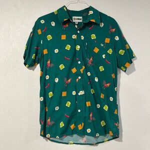 Tipsy Elves Men’s Medium Button Down Shirt – Funny Rooster Egg Chili Print Green